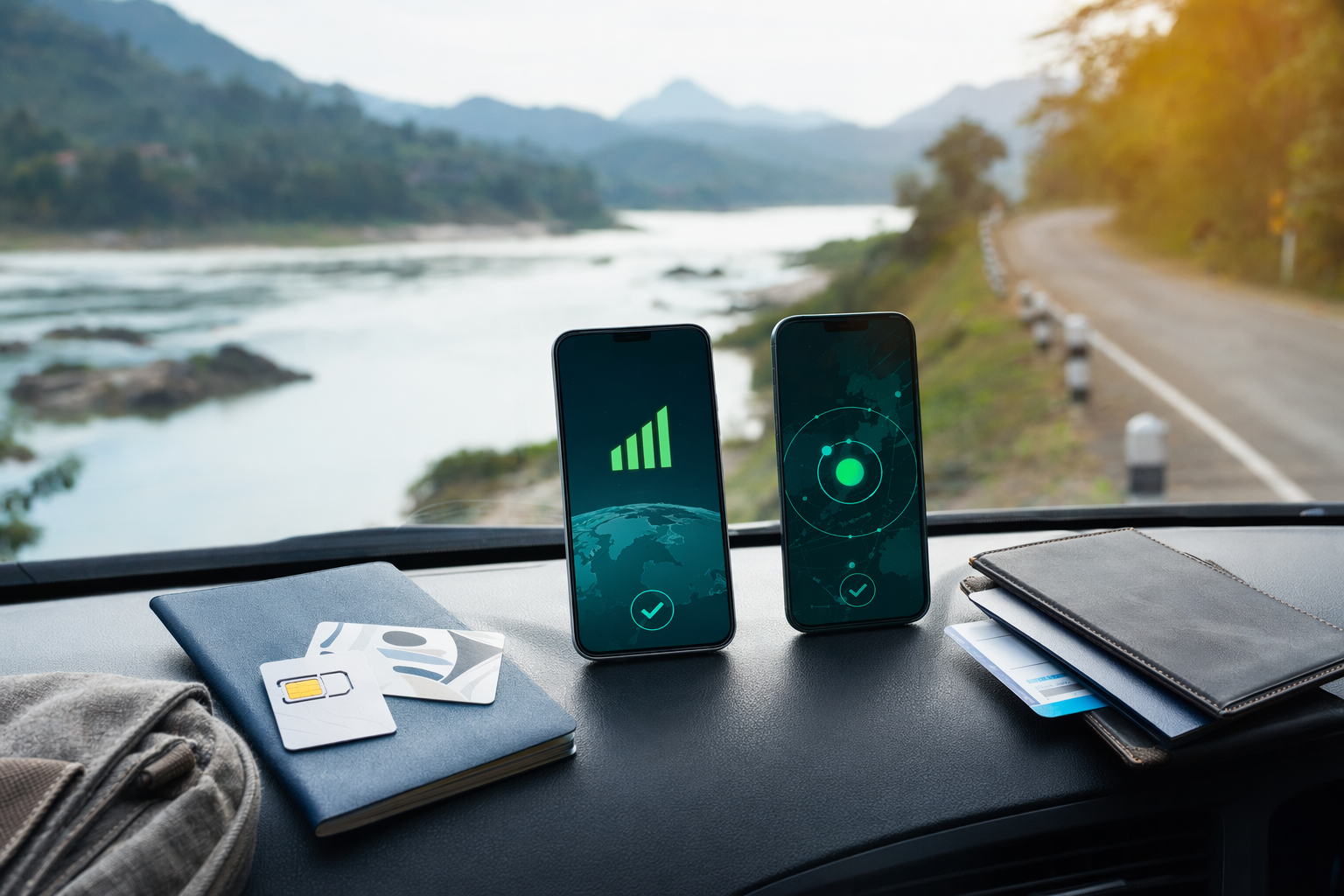 Fictional travel connectivity visual for Laos corridors with phones, border-route signal cards, and no real map data.